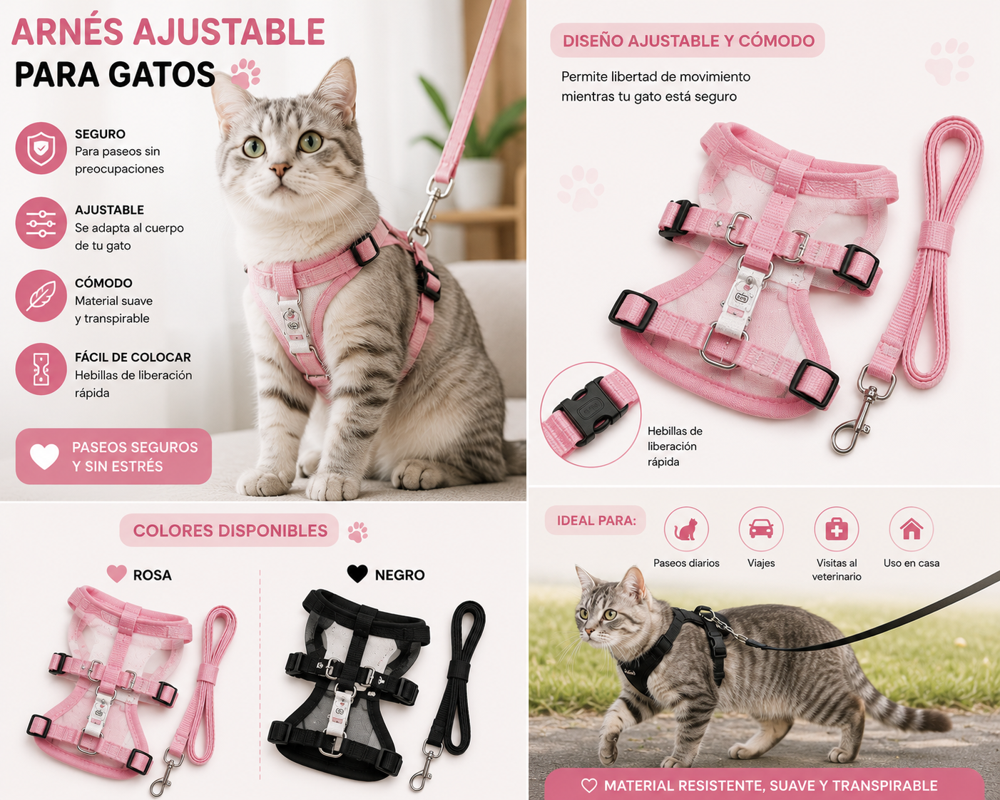 🐱 Arnés Ajustable y Seguro Para Gatos